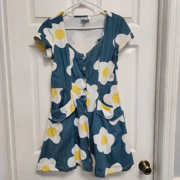 Unique Vintage Teal and White Floral Mini Dress - Picture 3 of 13